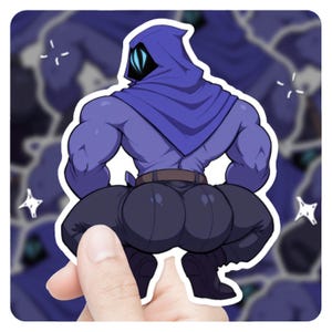 May include: A sticker featuring a muscular character in a hooded cloak, squatting. The character is primarily purple with a black belt and pants. The sticker is held by a hand, with a background of similar characters.
