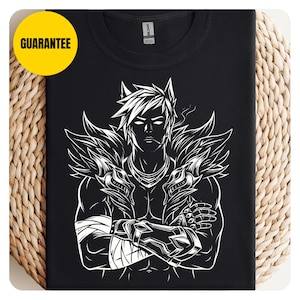 May include: Black t-shirt featuring a white graphic of a stylized character with detailed armor and a cigarette. The design includes intricate feather-like elements and a stern facial expression. A yellow circle with the word "GUARANTEE" is in the upper left corner.