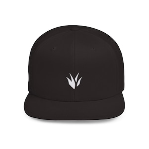 May include: A black baseball cap with a flat brim. The cap features a white embroidered design of three stylized leaves or blades of grass on the front. The cap has a structured fit and a curved bill.