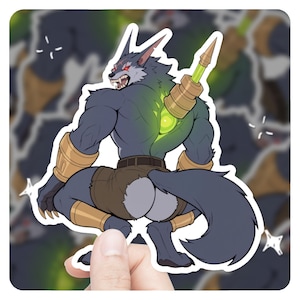 以下が含まれることがあります： 背中が緑色の光で輝いている、灰色と青色の狼のような生き物。その生き物は、茶色のショートパンツと金の鎧を着ている。背中に長い、細い、金の管が取り付けられている