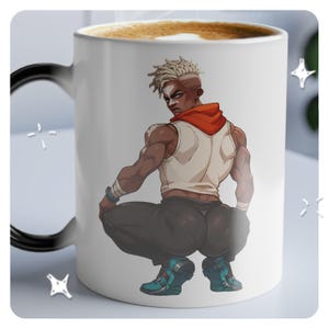 May include: White ceramic mug with a black handle featuring a cartoon illustration of a person with short blonde hair wearing a white tank top, orange scarf, and black pants. The person is squatting with their back to the viewer.