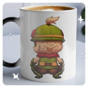May include: A white ceramic mug with a black handle features a cartoon illustration of a furry, green-clad character with a hat. The character is facing away from the viewer and has a brown belt.