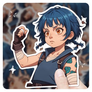 May include: A sticker depicting an anime-style character with blue pigtails, wearing a blue top and brown straps. The character has orange eyes and a determined expression. The sticker is held by a hand.