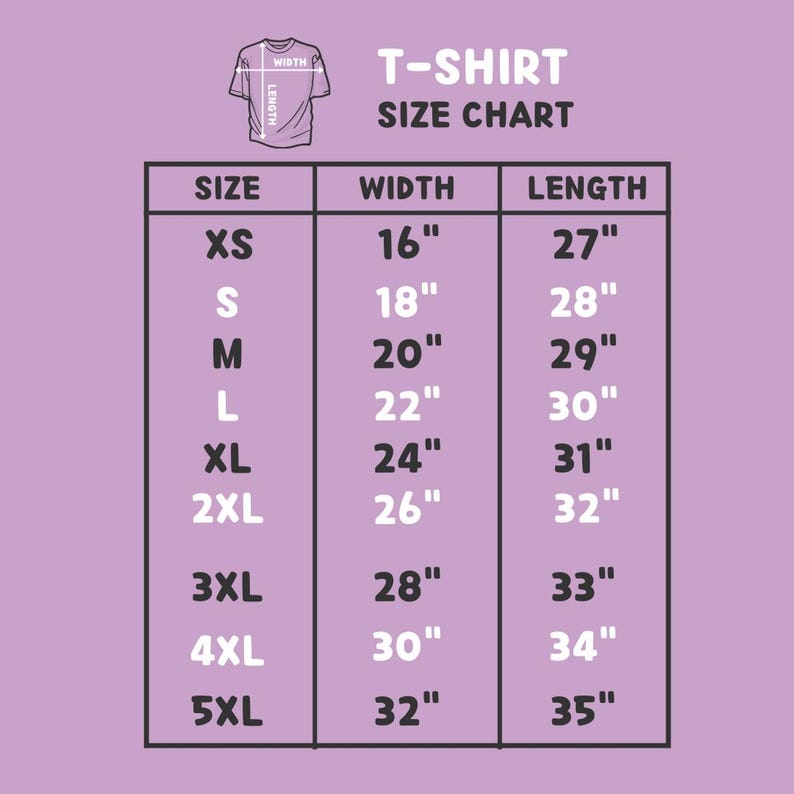 以下が含まれることがあります： Tシャツのサイズチャート。インチ単位のサイズが記載されており、XSから5XLまでのサイズに対応する幅と長さの測定値が示されています。背景は薄い紫です。