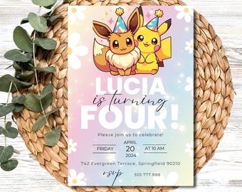 Leuke Eevee en Pikachu Pokemon verjaardagsuitnodiging in Rainbow Sparkle