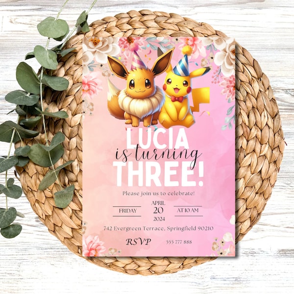 Pink Eevee and Pikachu Birthday Invitation with Florals, Pokemon Girl Invitation