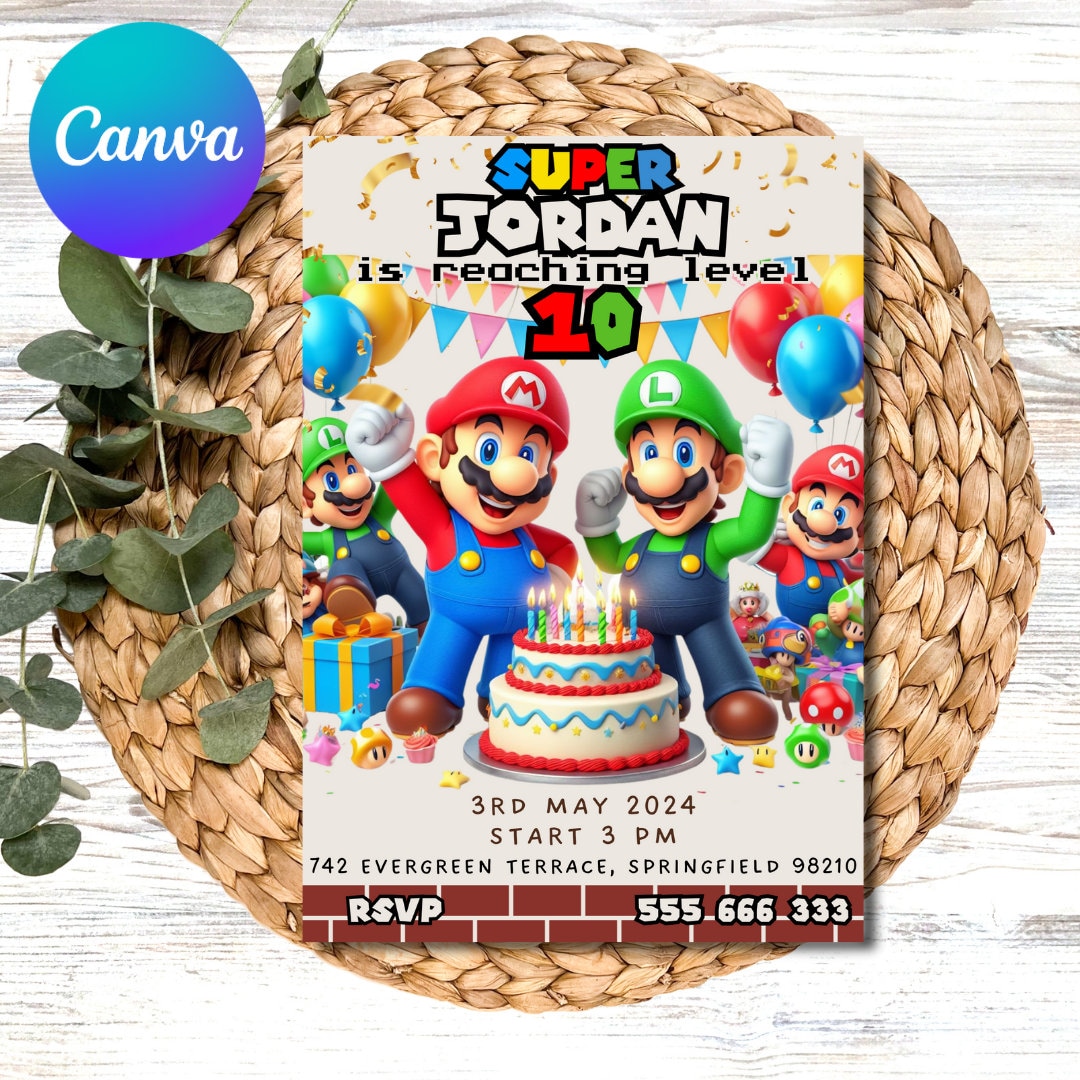 Super Mario Invitation Canva Template Editable Instant Download Super Mario Invitation Canva Template Editable Instant Download
