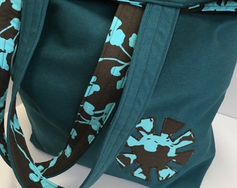 Tote bag, applique tote bag, Blue floral bag, Market bag, Library bag, Large tote bag, Shoulder bag