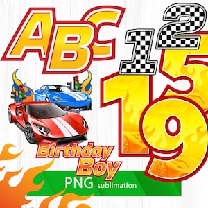 May include: A set of colorful, racing-themed birthday party decorations. The letters ABC and the numbers 1, 2, and 9 are in a bold, yellow font with red outlines. The numbers have a checkered flag design and flames. The text "Birthday Boy" is in a yellow font with red outlines. The text "PNG sublimation" is in black font.