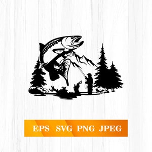 Könnte beinhalten: Schwarz-weiße Silhouette eines Fischers, der einen großen Fisch einholt, der aus dem Wasser springt. Der Fisch springt über einen Berg mit Bäumen im Hintergrund.