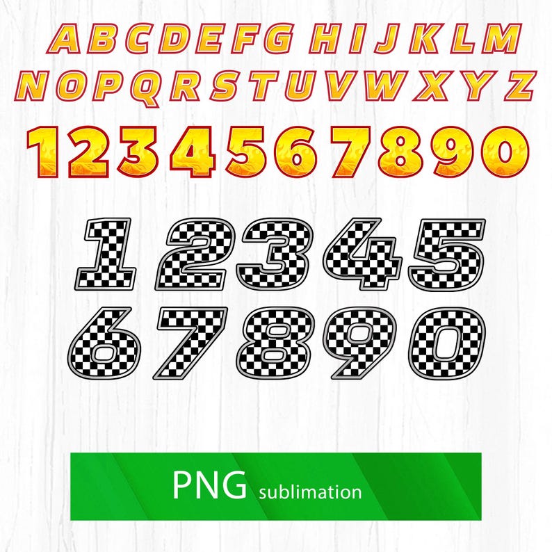 May include: A set of uppercase letters and numbers in a racing theme. The letters are red with a yellow outline and the numbers are yellow with a red outline. The numbers 1-9 are also shown in a black and white checkered pattern.