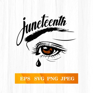 May include: Black and white illustration of a stylized eye with a single tear drop. The eye is looking to the right. The word "Juneteenth" is written in a stylized font above the eye.