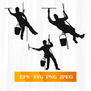 May include: Black silhouette illustrations of window washers suspended by ropes, cleaning windows. Each figure holds a squeegee and a bucket. The image includes the text "EPS SVG PNG JPEG" in a gold banner.