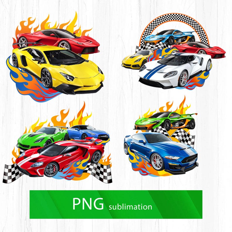 May include: Four different designs of sports cars with flames and checkered flags. The cars are yellow, red, blue, and green.