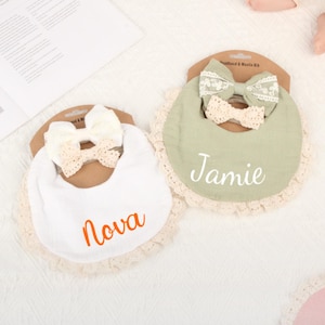 Personalized Custom Baby cotton bib set, lace bow headband, Embroidered Name anti-fouling bib,Newborn Baby Gifts,Gift for kids