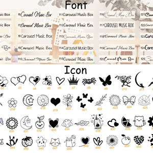 May include: A collection of fonts and icons for design projects. The fonts include variations of "Carousel Music Box." The icons feature hearts, stars, flowers, animals, and other decorative elements, all in black and white.