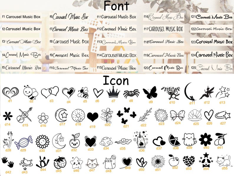 May include: A collection of fonts and icons for design projects. The fonts include variations of "Carousel Music Box." The icons feature hearts, stars, flowers, animals, and other decorative elements, all in black and white.