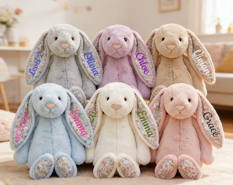 Conejito de peluche floral personalizado, con nombre bordado, conejito de Pascua, juguete de peluche suave, regalo para recién nacido, regalo para niño.