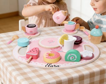 Juguetes personalizados de té de la tarde en rosa y azul, juego de postres de madera para el té de la tarde, tetera, pastel, regalos personalizados, regalo para niñas, regalos de Pascua