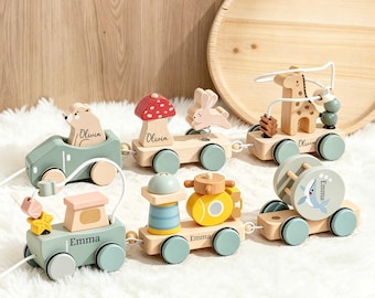Gepersonaliseerde houten trektrein speelgoed, aangepaste naam babytrein, montessori houten dierentrein, eerste verjaardagscadeau baby, peuter trekspeelgoed