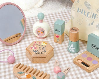 Personalized Wooden Makeup Toy Set, Custom Name Montessori Cosmetic Play Set, Wooden Pretend Makeup Kit for Toddlers,Birthday Gift for Girls