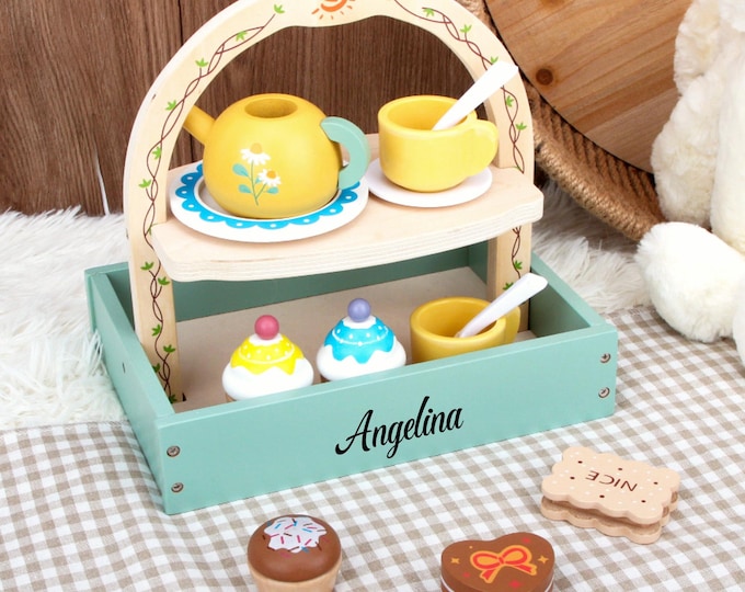 Custom Personalized Engraved Wooden Tea Toys, Wooden Afternoon Tea Dessert Set Toy, Teapot,Cake,Customized Gifts,With Name Toys,Girls Gift