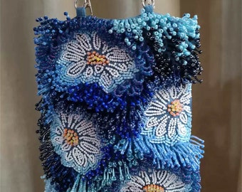 Handmade Beaded Clutch - Exquisite Pearl and Blue Beadwork Evening Bag