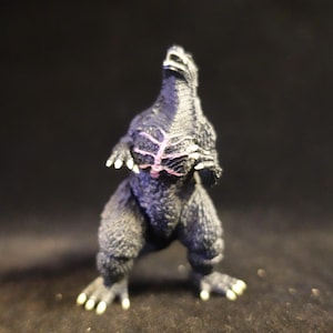 May include: A small, dark gray Godzilla figurine with a pink chest marking and white claws. The figure is standing with its head tilted upwards, showcasing its detailed design and texture. The background is a dark, solid color.