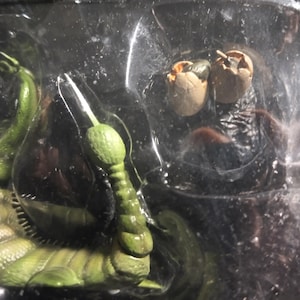 May include: A green and brown action figure of a creature with a segmented body and a bulbous head. The figure is packaged in a clear plastic container, with two egg-like objects visible.