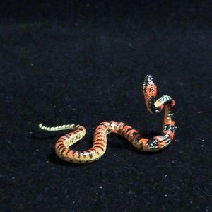 May include: A small, toy snake with a detailed pattern of orange, black, and white markings. The snake is curled up on a dark surface, showcasing its realistic design. The toy snake is a collectible item.