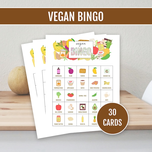 Printable Vegan Food Bingo Game - Vegan Learning Activity - Vegan Party Game - 30 Printable Bingo Cards - Digital Download - Classroom Game