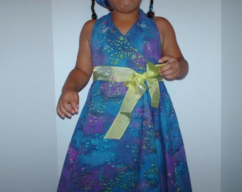 SAMPLE SALE Was 34.00 --Blue Batik Girls Halter Dress and Lime sash Belt, Girls Size 3- 4, Sundress, Photo shoot, Girls Jumper Dress