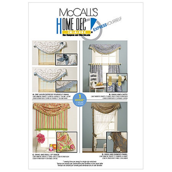 Mccalls sewing pattern 6050 home dec in a sec swag curtains, cafes, panels, rollup shade