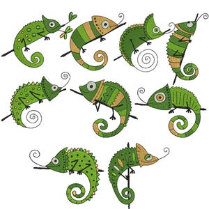 May include: A collection of nine embroidered chameleon designs in various poses, featuring shades of green and tan. Each chameleon has a curled tail, distinct eye patterns, and textured scales, rendered in a flat, stitched embroidery style.