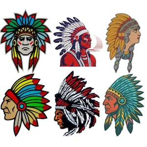 May include: A collection of six distinct graphic illustrations featuring individuals wearing traditional feathered headdresses. The designs utilize varied color palettes including red, blue, green, yellow, and black, showcasing different artistic styles.