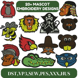 Puede incluir: Un conjunto de más de 20 diseños de bordado de mascota en varios colores y estilos, incluyendo un león, una abeja, un cardenal, un pirata, un castor, un búho, un cocodrilo y un nativo americano. Los diseños están disponibles en los formatos DST, VP3, SEW, PES, XXX y HUS.