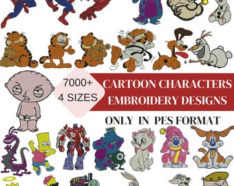 Puede incluir: Una colección de más de 7000 diseños de bordado de personajes de dibujos animados en cuatro tamaños, disponibles solo en formato PES. Los diseños presentan personajes populares como Spiderman, Garfield, Homer Simpson, y muchos más.