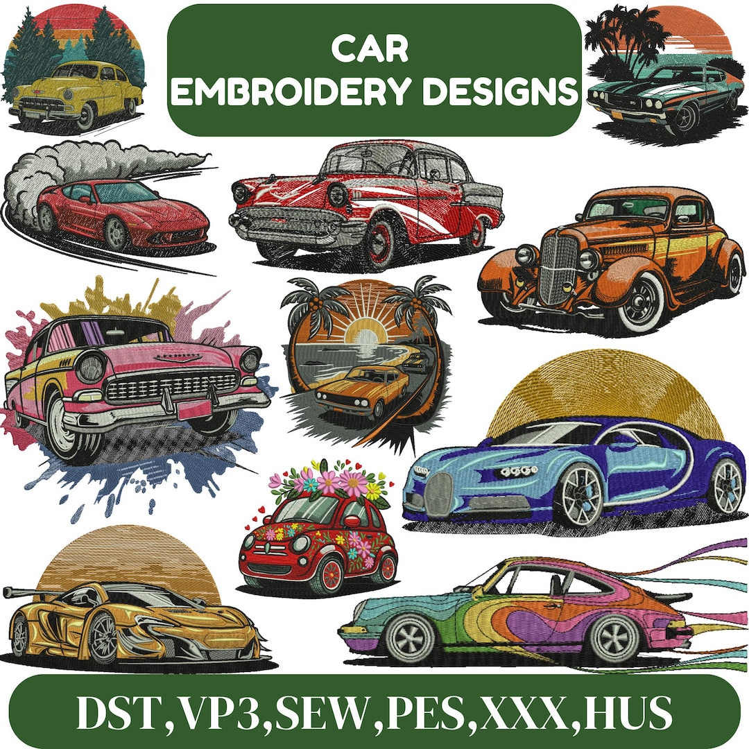Car Embroidery Design, Retro Car, Racecar, New Sports Car, Floral Car ...