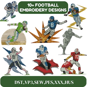 Puede incluir: 10+ Diseños de bordado de fútbol en formatos DST, VP3, SEW, PES, XXX, HUS. Los diseños presentan a varios jugadores de fútbol en acción, incluyendo un jugador corriendo con el balón, un jugador pateando un gol de campo y un jugador haciendo una tacleada.