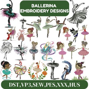 Puede incluir: Una colección de diseños de bordado de bailarinas en varios estilos. Los diseños incluyen bailarinas en diferentes poses, con tutús y zapatillas de punta. La paleta de colores incluye rosa, verde azulado, negro y blanco. El texto "BALLERINA EMBROIDERY DESIGNS" está en la parte superior.