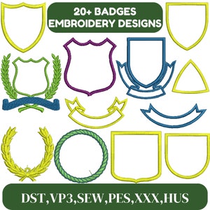 Peut inclure: Un ensemble de 20 motifs de broderie présentant différentes formes de badges, notamment des boucliers, des bannières, des couronnes et des cercles. Les motifs sont de différentes couleurs, notamment le jaune, le vert, le bleu, le violet et le blanc. Le texte "20+ BADGES EMBROIDERY DESIGNS" est en haut de l'image. Le texte "DST, VP3,SEW,PES,XXX, HUS" est en bas de l'image.