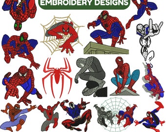 May include: A collection of 70+ embroidery designs featuring Spiderman in various poses, including web-slinging, standing on a building, and in a classic red and blue suit. The designs are available in DST, VP3, SEW, PES, XXX, and HUS formats.