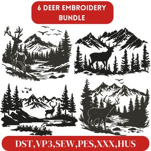 May include: Six embroidery designs featuring a deer in a mountain landscape. The designs are in black and white and include the text "DST, VP3, SEW, PES, XXX, HUS".