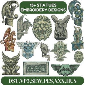Peut inclure: Un ensemble de plus de 15 motifs de broderie représentant diverses statues de gargouilles, de lions et d'autres créatures mythologiques. Les motifs sont de couleurs et de styles variés et sont parfaits pour ajouter une touche de fantaisie à tout projet. Le texte "15+ STATUES EMBROIDERY DESIGNS" est en haut de l'image. Le texte "DST,VP3,SEW,PES,XXX,HUS" est en bas de l'image.
