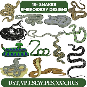 Könnte beinhalten: Sammlung von 15+ Schlangen-Stickmustern. Das Bild zeigt verschiedene Schlangenillustrationen in verschiedenen Farben und Mustern. Der Text lautet "15+ SNAKES EMBROIDERY DESIGNS" und enthält Informationen zum Dateityp.