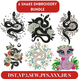 May include: Six embroidery designs featuring snakes in various poses and styles. The designs include a snake with flowers, a snake with stars, a snake with a crown, and a snake with a moon. The designs are available in DST, VP3, SEW, PES, XXX, and HUS formats.