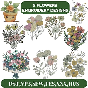 May include: Nine embroidery designs featuring various flower arrangements. The designs are in black and white and include a variety of flowers, including roses, daisies, and lilies. The text "9 FLOWERS EMBROIDERY DESIGNS" is at the top of the image. The text "DST,VP3,SEW,PES,XXX,HUS" is at the bottom of the image.