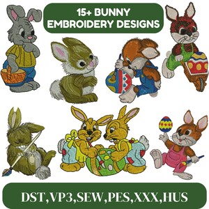 May include: A selection of 15+ bunny embroidery designs. The designs depict cartoon bunnies in different poses, some holding Easter eggs or baskets. The designs are available in multiple formats, including DST, VP3, and PES.