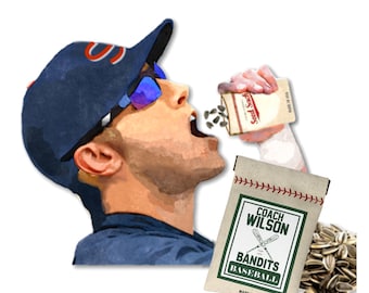 May include: A baseball coach is pouring sunflower seeds into his mouth from a bag labeled "Seed Snacks". The bag is sitting on a white canvas bag with red stitching and the text "Coach Wilson Bandits Baseball Made in USA".