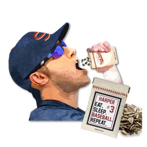 May include: A white canvas bag with red stitching and the text "HARPER EAT. #3 SLEEP. BASEBALL. REPEAT."  A baseball player is shown in the background eating sunflower seeds from a bag.